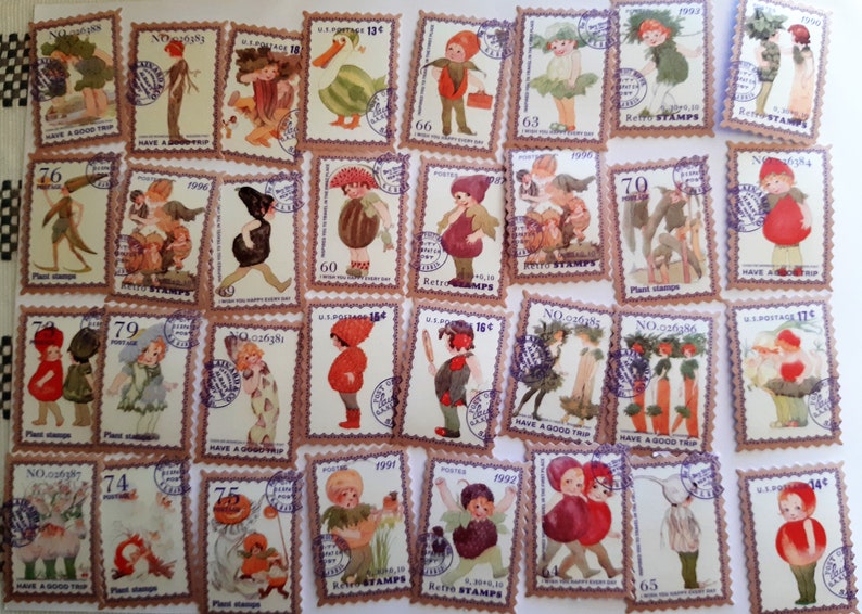 May include: A collection of vintage-style stamps featuring illustrations of children and vegetables. The stamps are printed on brown paper with purple and white accents. The stamps are numbered and have the text "Have a Good Trip" and "Retro Stamps".
