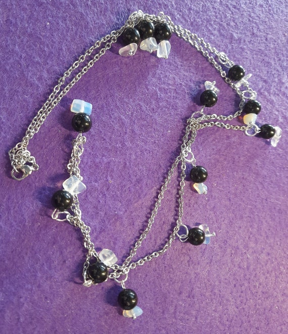 Necklace, Obsidian and Opal Chips, 80cm long, Stainless Steel Chain. 1 of a Kind. In Gift Bag