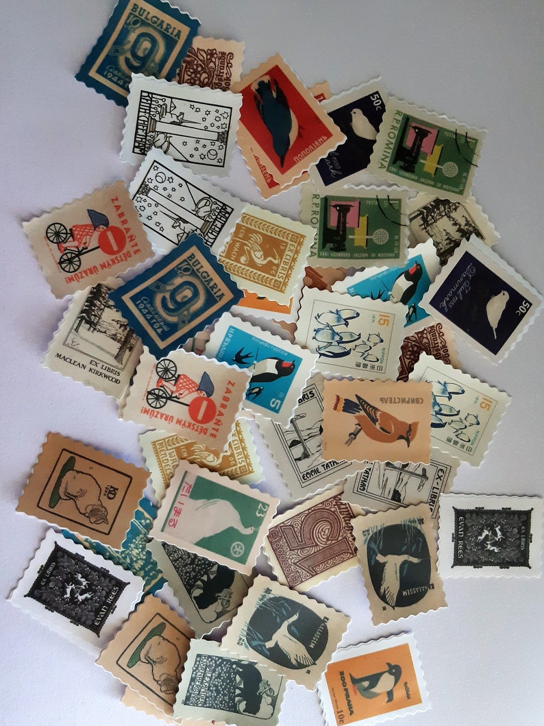 May include: A collection of vintage postage stamps featuring various designs, including birds, animals, and landscapes. The stamps are in different colors and sizes, and some have text in foreign languages.