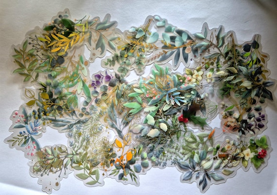 Holographic Plants Stickers: Golden Glitter, Waterproof PET Labels (80/40 pieces)