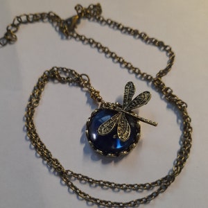 Libelle hanger kettingen of oorbellen Vintage bronzen handgesneden libelle bronzen ketting en ronde ketting van blauwe steen in een fluwelen cadeauzakje