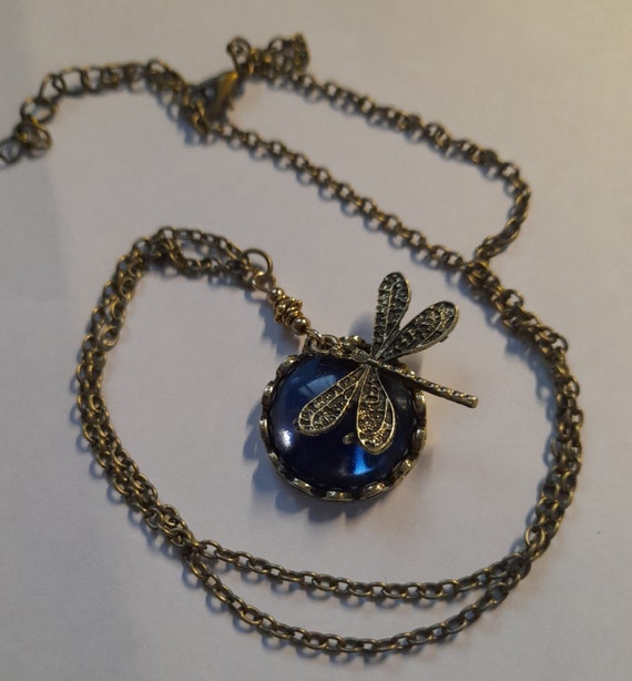 Dragonfly Pendant Necklaces or Earrings Vintage Bronze Hand-Carved Dragonfly Bronze Chain and Round Blue Stone Necklace in a Velvet Gift Bag