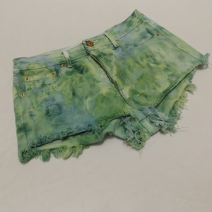 Green Distressed Denim Shorts Women&#39;s Size 6, Ice Dyed Upcycled