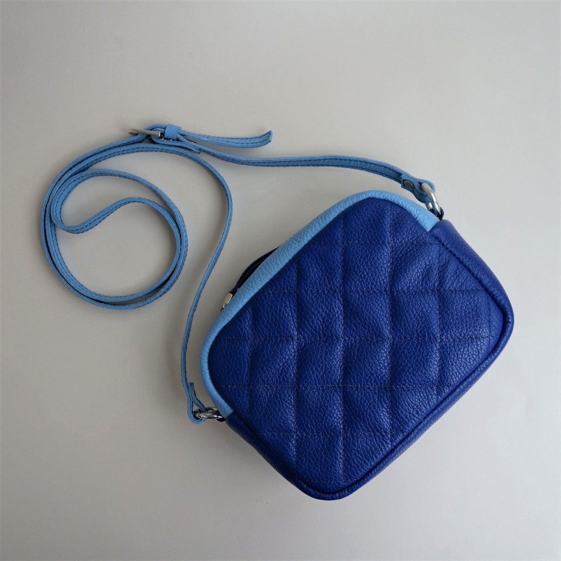 Small crossbody leather bag blue and light blue colour Hand Etsy