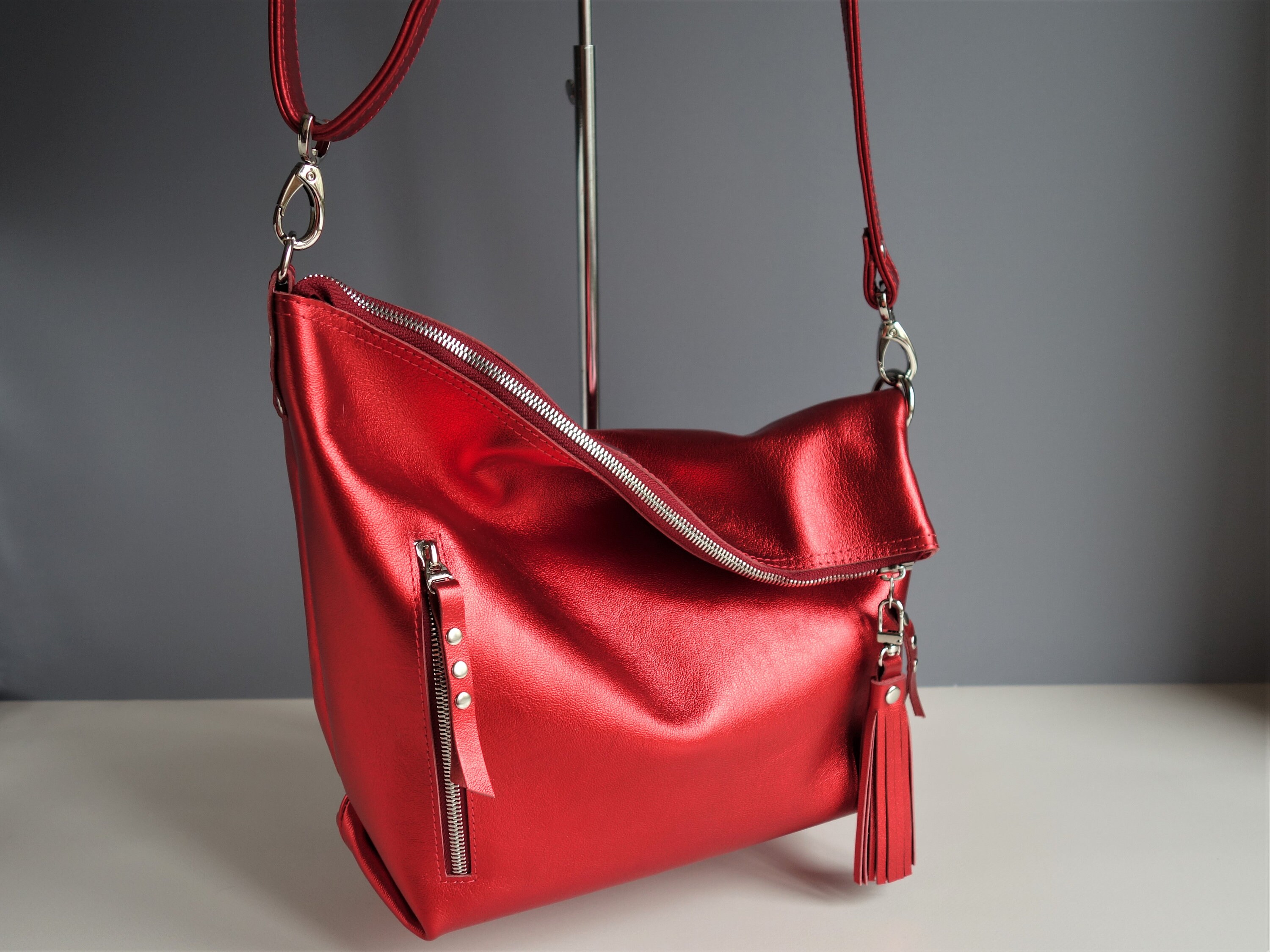 Red metallic leather crossbody bag silver leather hobo Etsy