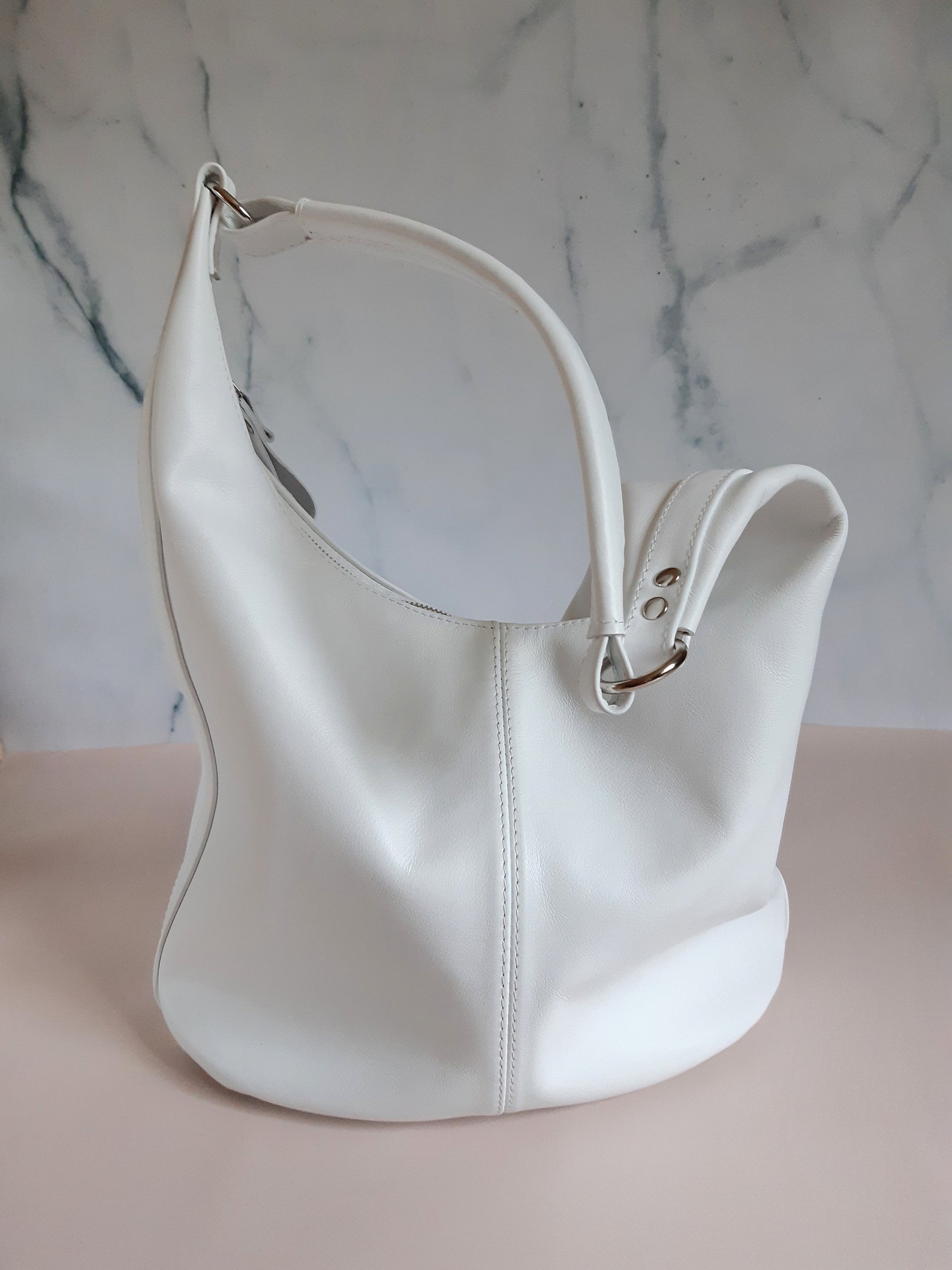 White hobo leather bag Slouch shoulder bag Medium size | Etsy