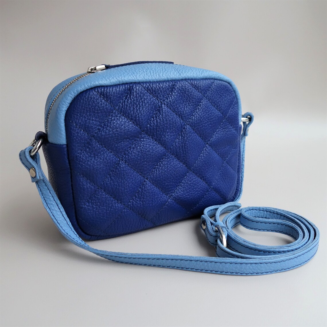 Small crossbody leather bag blue and light blue colour Hand Etsy