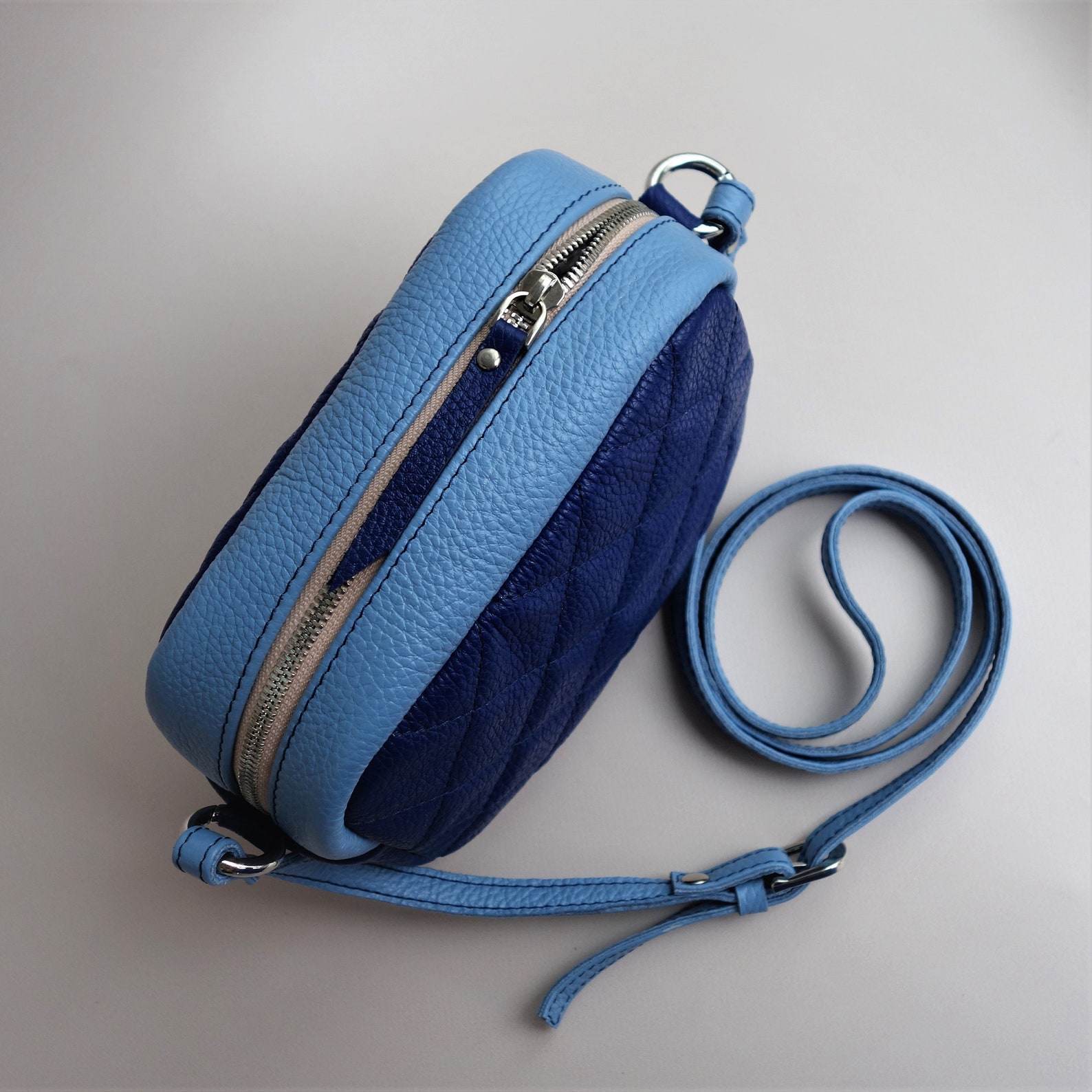 Small crossbody leather bag blue and light blue colour Hand Etsy