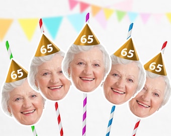 Custom Photo Face Straws Cutout 65th Birthday Party Decorations Personalised 50th 60th 70th Parties Parents Grandad Grandma PFSHBD65