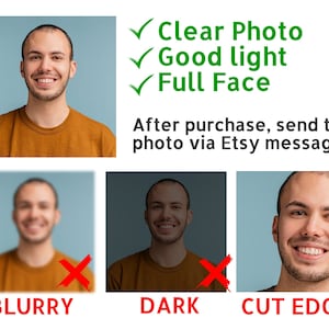 May include: A guide with three images showing examples of good and bad photos for a custom portrait. The first image shows a clear photo of a person with good lighting and a full face. The second image shows a blurry photo of a person. The third image shows a dark photo of a person. The text on the image says "Clear Photo, Good light, Full Face" and "After purchase, send the photo via Etsy messages".