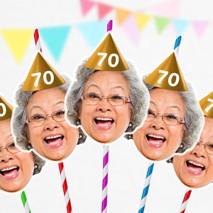 Custom Photo Face Straws Cutout 70th Birthday Party Decorations Personalised 50th 60th 65th Parties Parents Grandad Grandma PFSHBD70