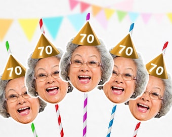 Custom Photo Face Straws Cutout 70th Birthday Party Decorations Personalised 50th 60th 65th Parties Parents Grandad Grandma PFSHBD70