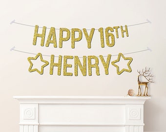 May include: Gold glitter banner with the text "Happy 16th Henry" and two gold glitter stars. The banner is strung on a white string and is hanging on a white wall.