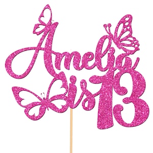 Personalised Custom Cake Topper 13th Birthday Cake Decorations Any Name ButterfliesFor Teens Teenager Girls Boys Any Age 5th 7th 10th - CT4