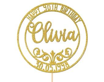 Custom 90th Birthday Cake Topper Personalised Name Cake Decorations For Her Him Mum Dad Circle Date Any Age 50th 60th 70th 80th - CT4