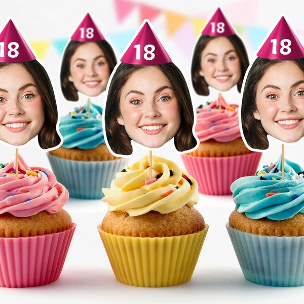 Personalised Photo Face Cutout Faces Cupcake Toppers Custom Cake Topper 18th Birthday Party Decorations 16th 21st 25th Finally 18 HBD18