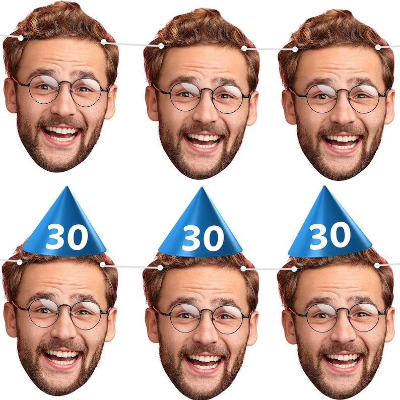 May include: A birthday banner with six blue and white party hats with the number 30 on them. Each hat is attached to a smiling face with glasses.