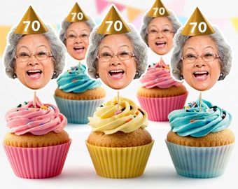 Adornos para cupcakes con foto personalizada recortada para tartas, decoración para fiestas de 70.º cumpleaños, 50.º, 60.º, 65.º cumpleaños, abuelos, abuelas, HBD70