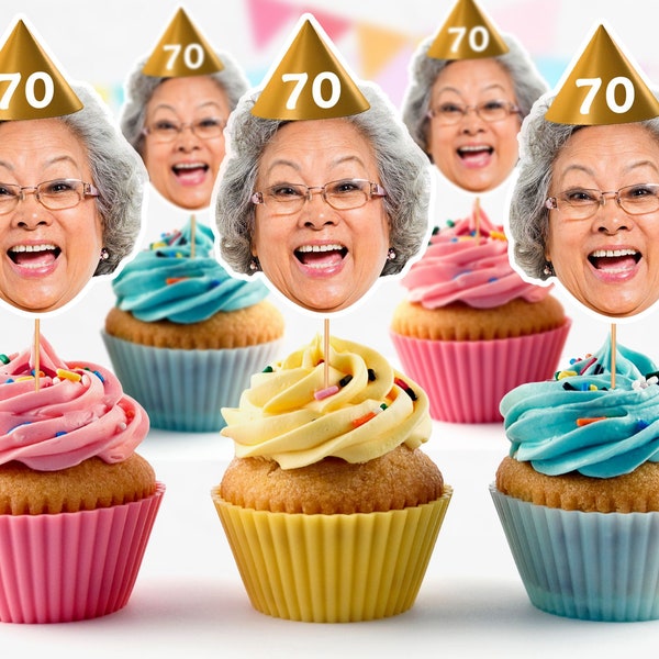 Personalised Photo Face Cutout Cupcake Toppers Custom Cake Topper 70th Birthday Party Decorations 50th 60th 65th  Grandad Grandma HBD70