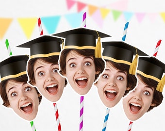 Custom Photo Face Straws Cutout Graduation Party Decorations Personalised Parties Class of 2023 Grad PFSGRD