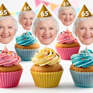Personalised Photo Face Cutout Cupcake Toppers Custom Cake Topper 65th Birthday Party Decorations 50th 60th 70th  Grandad Grandma HBD65