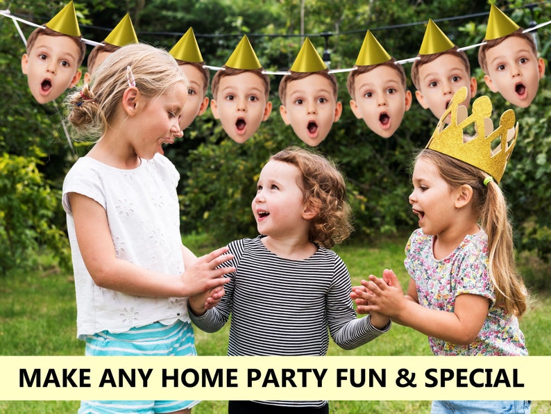May include: Three children are smiling and laughing while holding a party banner with faces of children wearing party hats. The banner is made of white string with gold party hats and faces printed on it. The banner is hanging from a tree branch. The children are wearing casual clothing. The text "MAKE ANY HOME PARTY FUN & SPECIAL" is at the bottom of the image.
