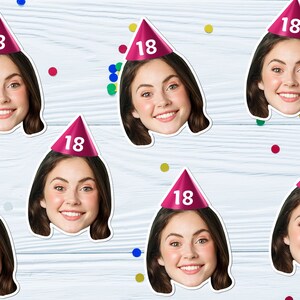 May include: Six pink party hats with the number 18 on them. Each hat is worn by a different person with a smiling face. The hats are on a white wood background with colorful confetti.