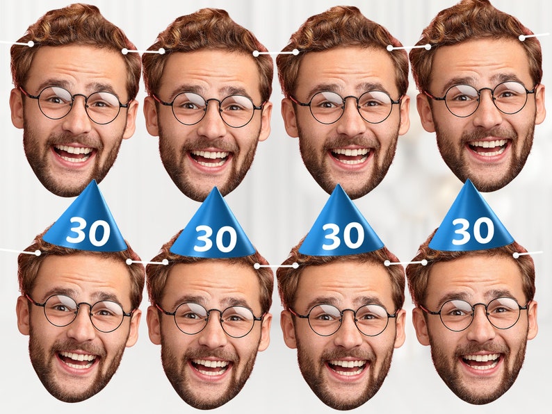 May include: A birthday banner with eight blue and white party hats with the number 30 on them. Each hat is attached to a photo of a smiling man wearing glasses.