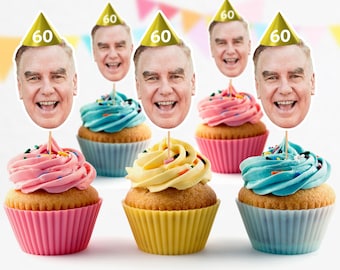 Personalised Photo Face Cutout Cupcake Toppers Custom Cake Topper 60th Birthday Party Decorations 50th 65th 70th  Grandad Grandma HBD60