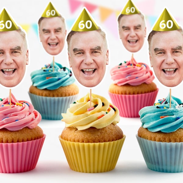 Personalised Photo Face Cutout Cupcake Toppers Custom Cake Topper 60th Birthday Party Decorations 50th 65th 70th  Grandad Grandma HBD60