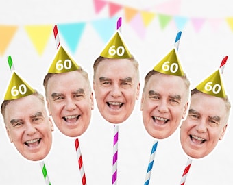 Custom Photo Face Straws Cutout 60th Birthday Party Decorations Personalised 50th 65th 70th Parties Parents Grandad Grandma PFSHBD60