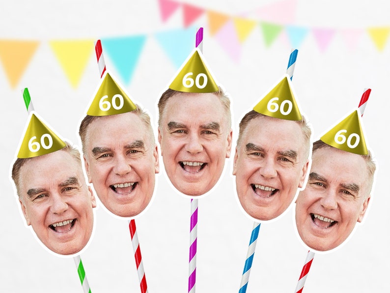 Custom Photo Face Straws Cutout 60th Birthday Party Decorations Personalised 50th 65th 70th Parties Parents Grandad Grandma PFSHBD60 image 1