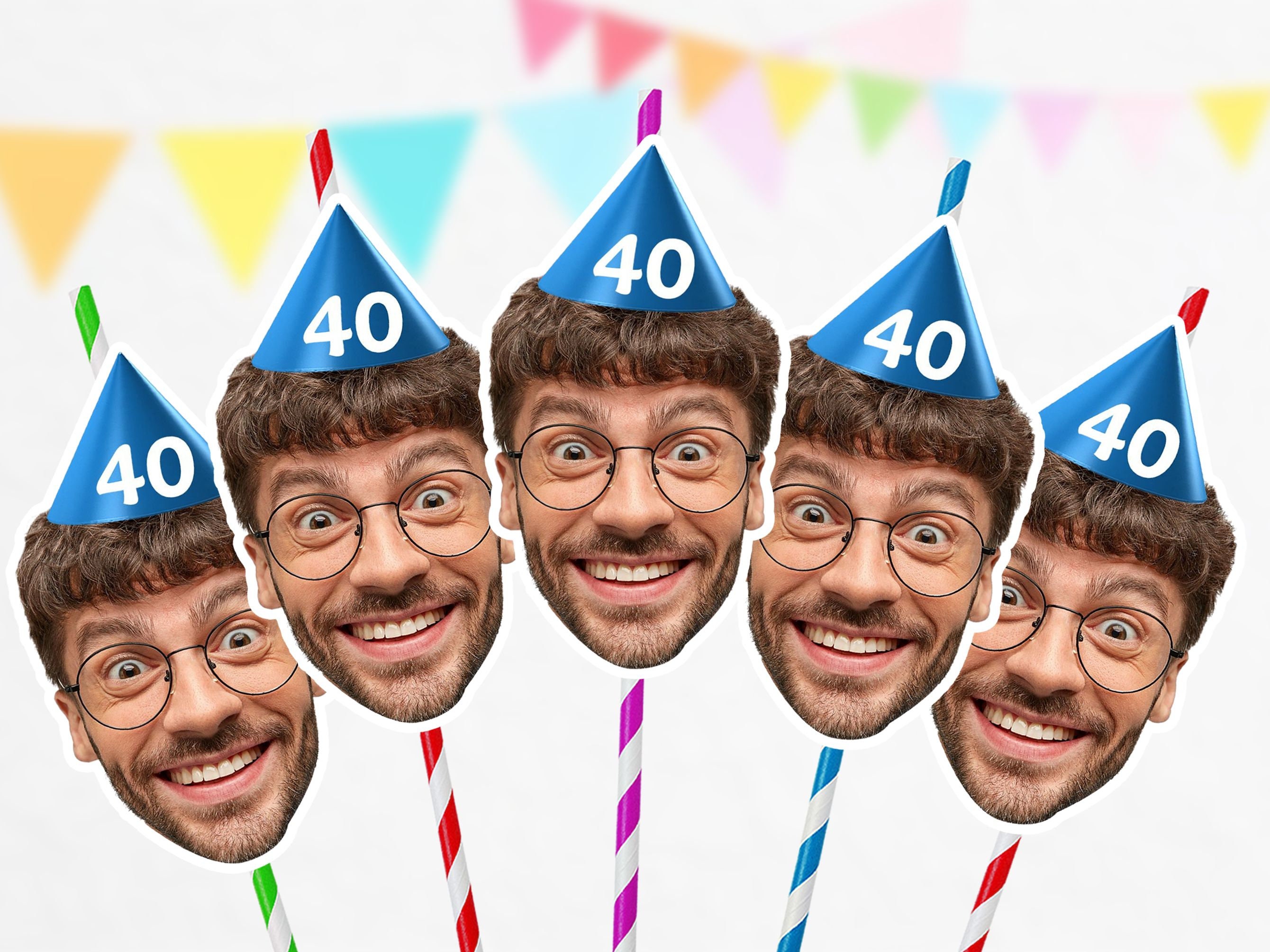 Custom Photo Face Straws Cutout 40th Birthday Party Decorations Personalised 25th 30th 50th Decorations For Women Him Her PFSHBD40