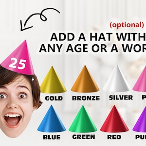 May include: A person wearing a pink party hat with the number 25 on it.  The image shows a variety of party hats in different colors, including gold, bronze, silver, pink, blue, green, red, and purple.  The text "ADD A HAT WITH ANY AGE OR A WORD" is written above the hats.