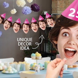 May include: A pink party hat with the number 25 on it. A banner with the number 25 on each flag is hanging on a wall. The text "UNIQUE DECOR IDEA" is written on the wall. A table is set with a white tablecloth and a variety of desserts.