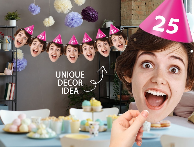 May include: A pink party hat with the number 25 on it. A banner with the number 25 on each flag is hanging on a wall. The text "UNIQUE DECOR IDEA" is written on the wall. A table is set with a white tablecloth and a variety of desserts.