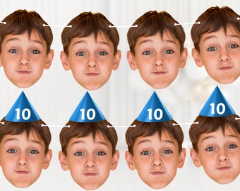 May include: A blue and white birthday banner with a boy's face and the number 10 on each flag.
