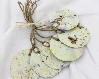 Name gift tags, 6 pack, recycled handmade paper with dried flowers, 6 cm / 2.3 inches, present wrap label with string