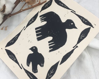 The Birds, original linocut art print, handmade, A5 format, wall decor