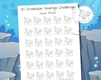 30 Envelope Savings Challenge Tracker, Money Challenge, Narwhal Design, Sinking Funds, Cash Envelopes, Printable PDF, Digital Download