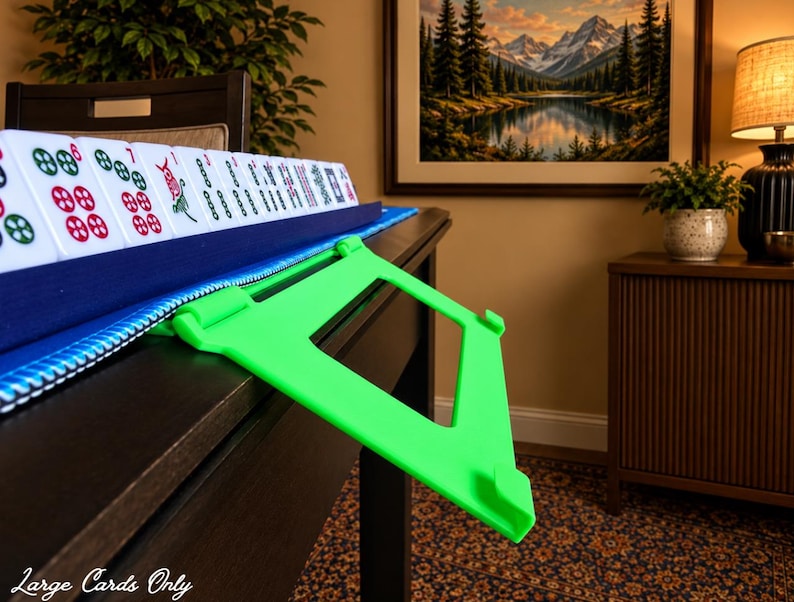 Neon Green foldable 3D printed PLA hands-free mahjong card holder, slim compact footprint ideal for small card tables and tight game setups.