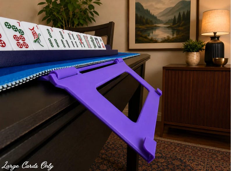 Lilac foldable 3D printed PLA hands-free mahjong card holder, slim compact footprint ideal for small card tables and tight game setups.