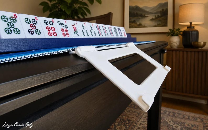 White foldable 3D printed PLA hands-free mahjong card holder, slim compact footprint ideal for small card tables and tight game setups.