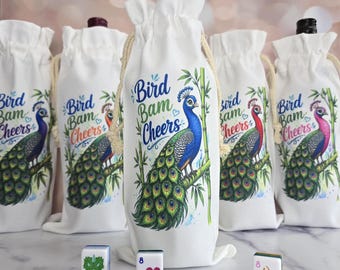 Mahjong Wine Tote, Canvas Tote Bag, Bird Bam Cheers, Hostess Gift, Game Night Gifts