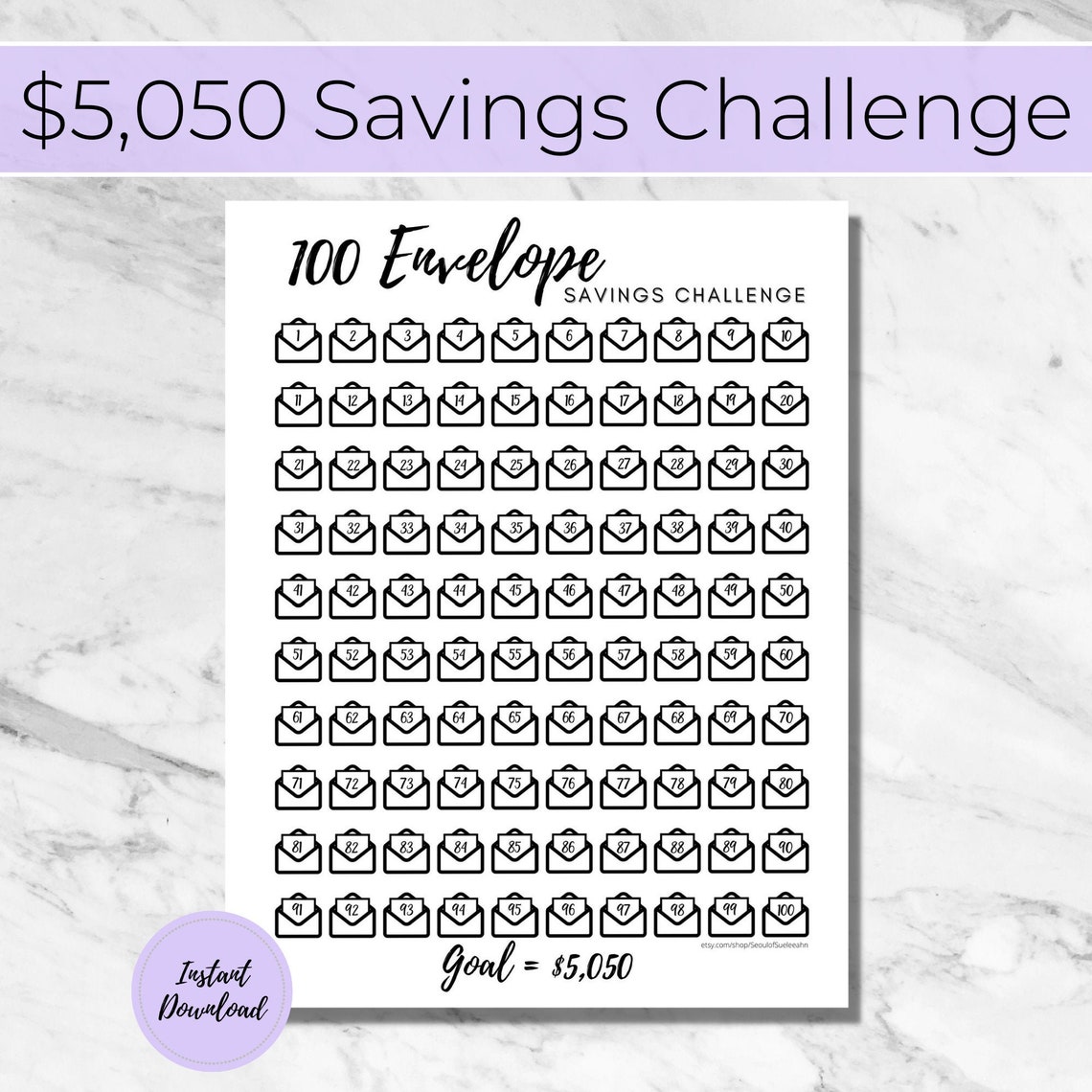 100 Envelope Savings Challenge Tracker Money Challenge Save 5k Printable Pdf Digital 