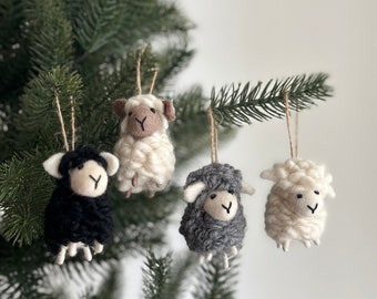 Felt Mini Fluffy Sheep Ornament with a hemp string loop, Christmas Ornament, Spring Decoration, Baby Sheep, Tree Hanging Decorations