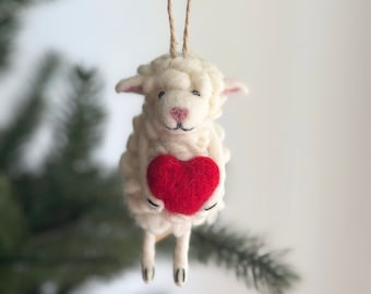 Felt Sheep Holding Heart Ornament, Mother's Day Gift, Jute Thread String, Biodegradable ornaments, Tree Hanging Decorations, Counting Sheep