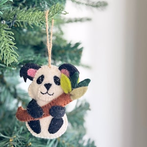 Felt Panda Holding Bamboo Christmas Ornament, Fair Trade Ornament, Made in Nepal, Biodegradable Ornament