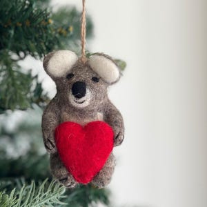 Felt Koala Holding Heart Valentine&#39;s Ornament, Valentine&#39;s Gift, Needle Felted Ornament, Biodegradable ornaments, Fair Trade Ornament