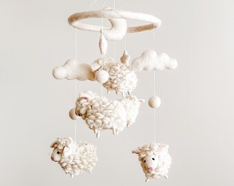 Sheep Baby Mobile For Nursery Decor, Wool Felt Counting Sheep, Baby Shower's Gift, Crib Mobile, Cot Mobile, Nursery Gift